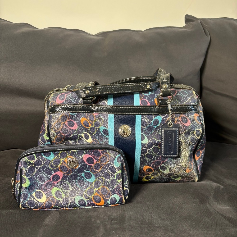 Coach Heritage Stripe Satchel & Pouch Set Multicolor Neon C Logo Navy Blue Bag